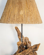 Tidal Grove Lamp — Sculpted driftwood with jute rope shade and fenced miniatures