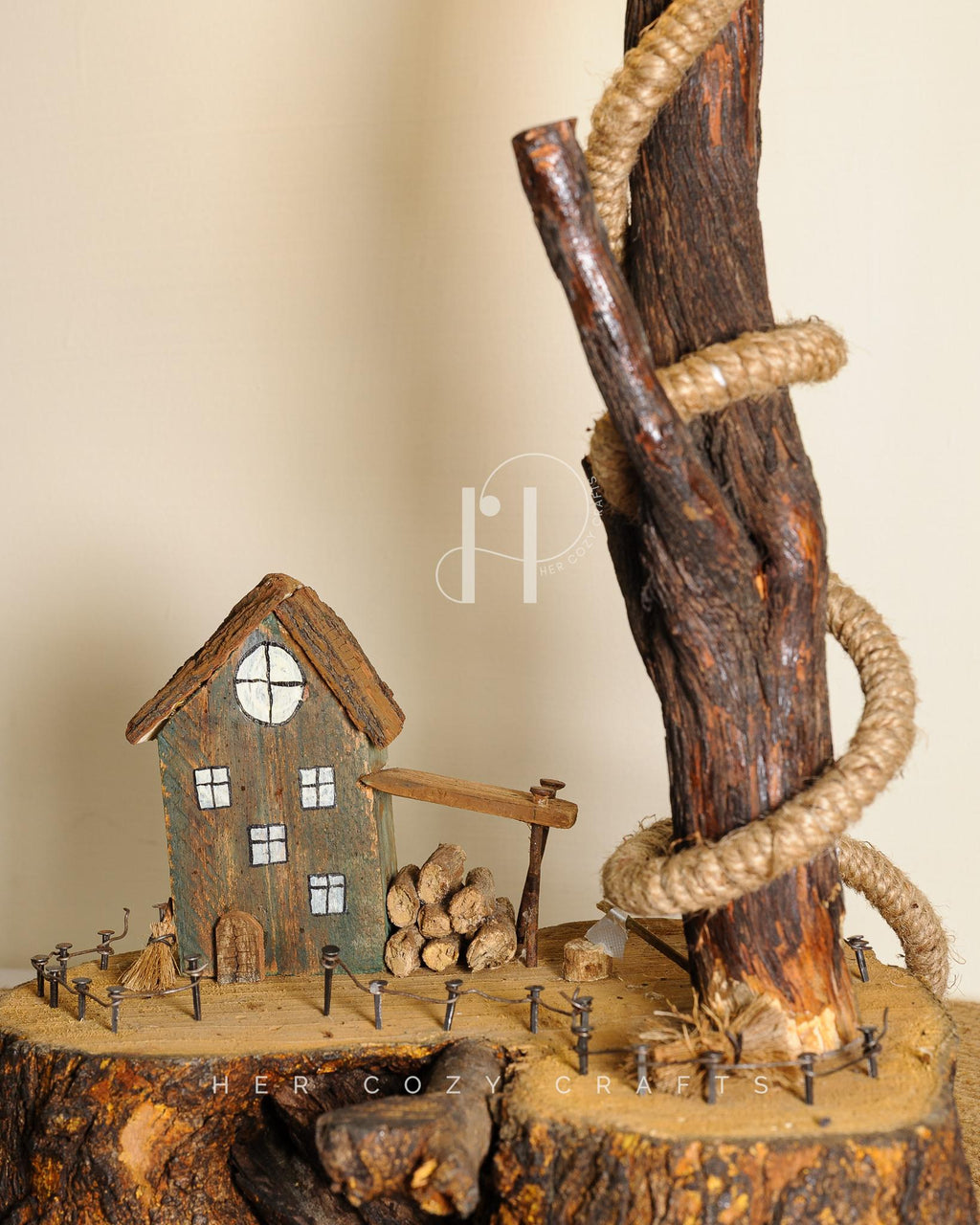 Arch Glow Lamp - Handmade Wooden Table Lamp with Hanging Bulb and Miniature Decor