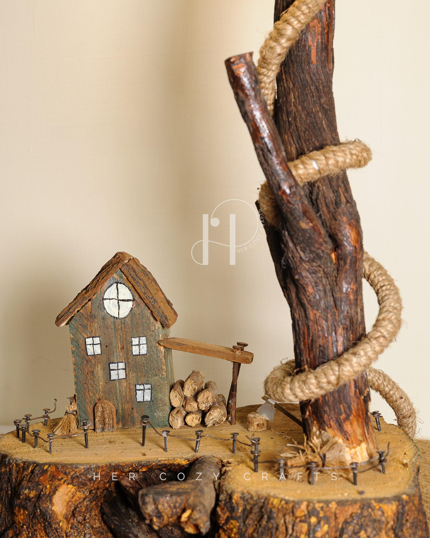 Arch Glow Lamp - Handmade Wooden Table Lamp with Hanging Bulb and Miniature Decor