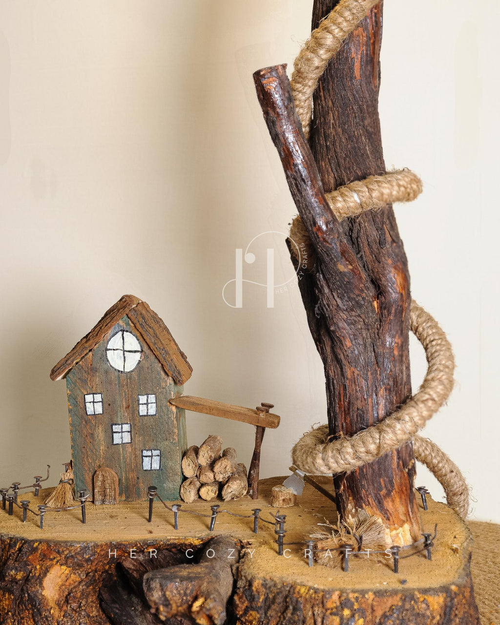 Arch Glow Lamp - Handmade Wooden Table Lamp with Hanging Bulb and Miniature Decor