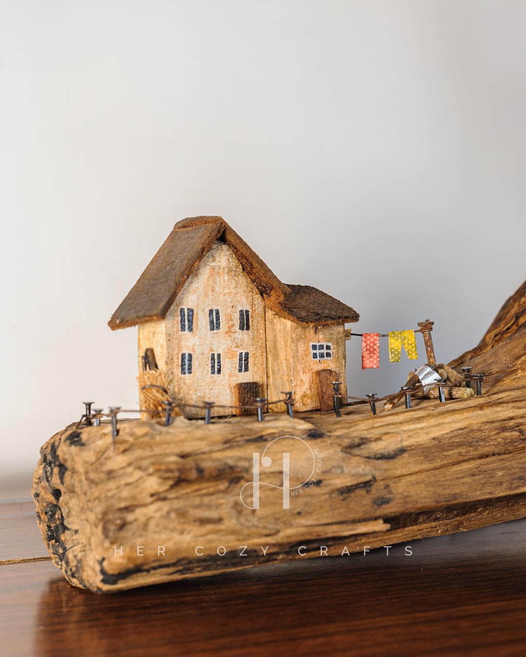 Tidal Grove Lamp — Sculpted driftwood with jute rope shade and fenced miniatures