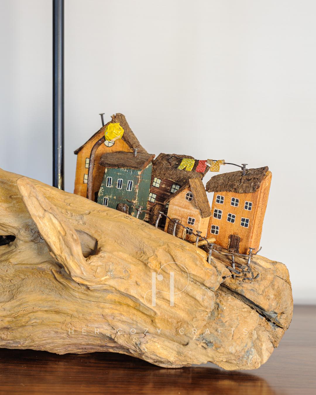 Seaside Town Lamp - Driftwood base, handmade jute shade, village detail