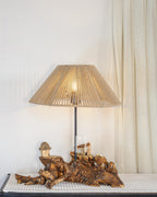 Rustic Hamlet Light - Driftwood base with twin huts and warm jute shade