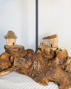 Rustic Hamlet Light - Driftwood base with twin huts and warm jute shade