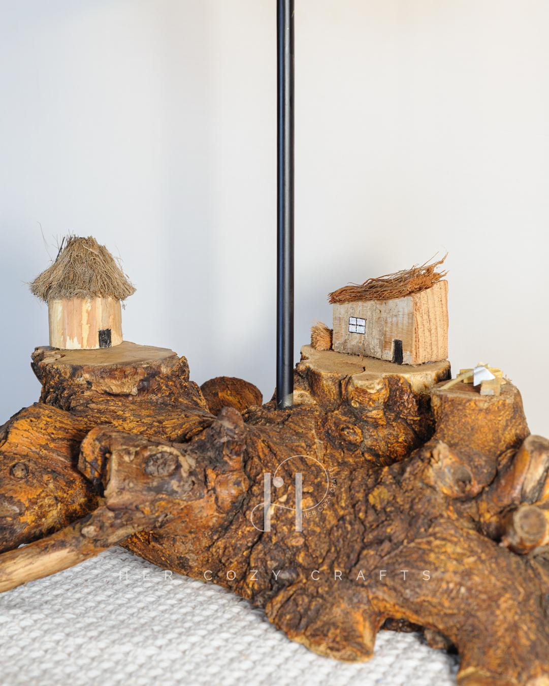 Rustic Hamlet Light - Driftwood base with twin huts and warm jute shade