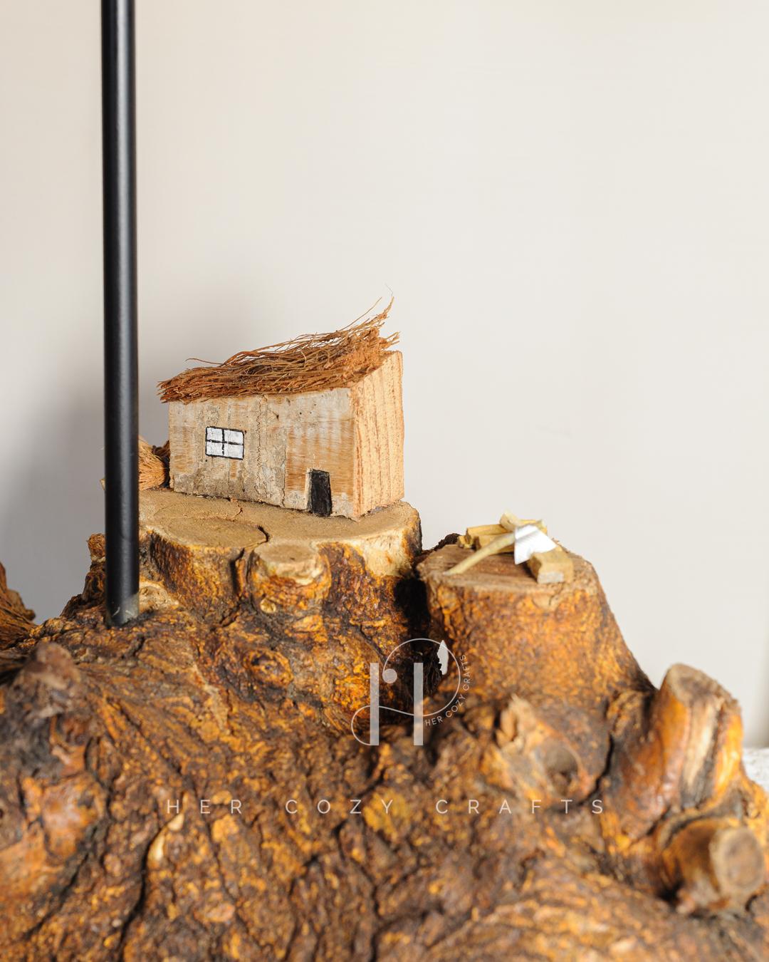 Rustic Hamlet Light - Driftwood base with twin huts and warm jute shade