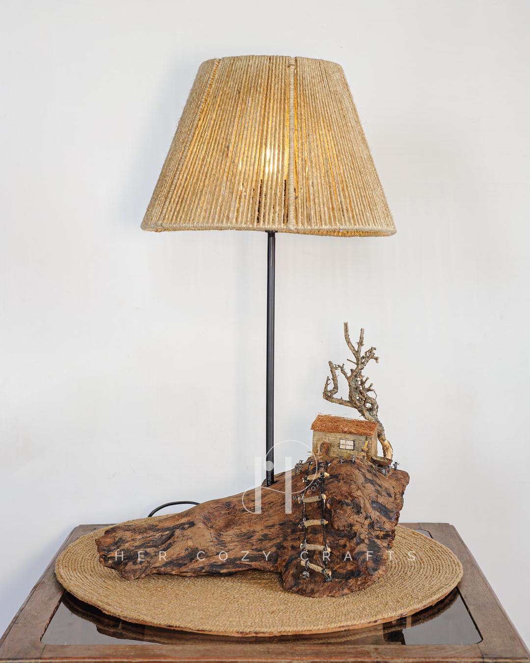 Cliffside Cottage Lamp - Cottage on cliff with jute shade and tree