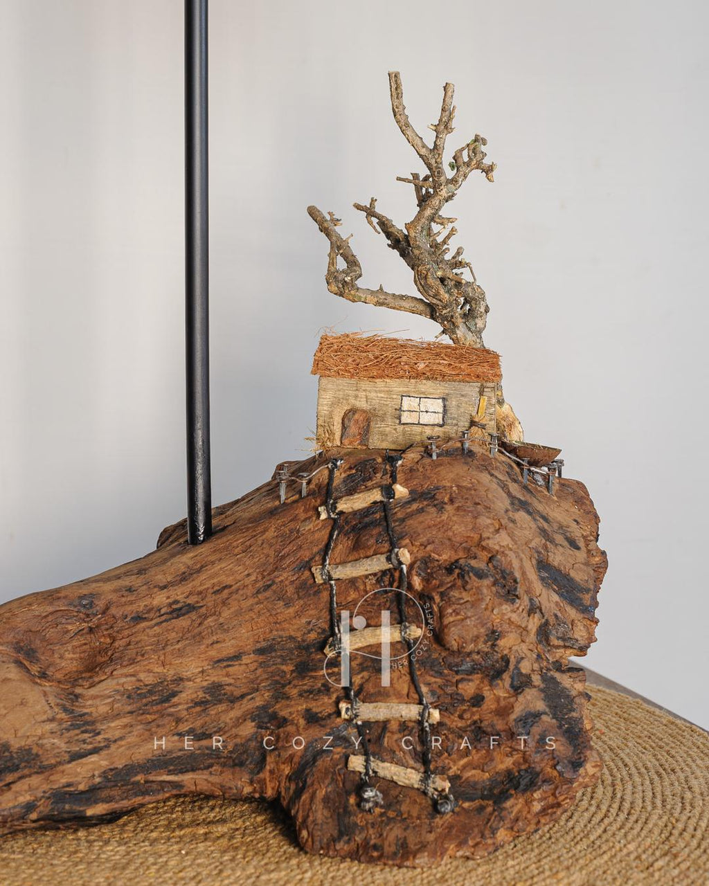 Cliffside Cottage Lamp - Cottage on cliff with jute shade and tree