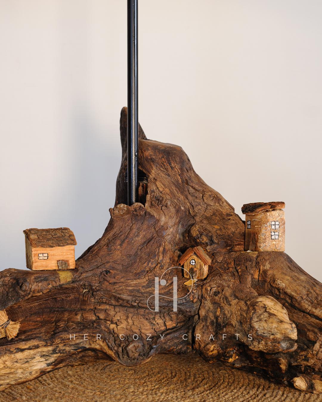 Mountain Row Lamp - Natural driftwood with cottage trio and cone shade