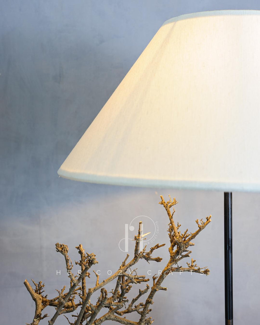 Twisted Knot Lamp - Organic driftwood base with cottage scene & wide jute shade