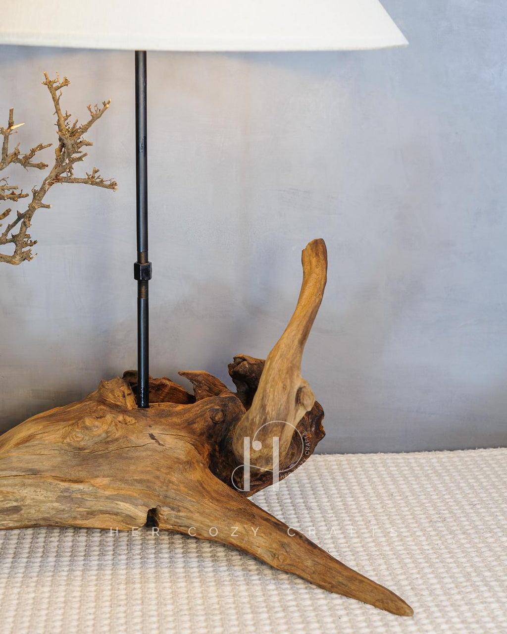 Twisted Knot Lamp - Organic driftwood base with cottage scene & wide jute shade