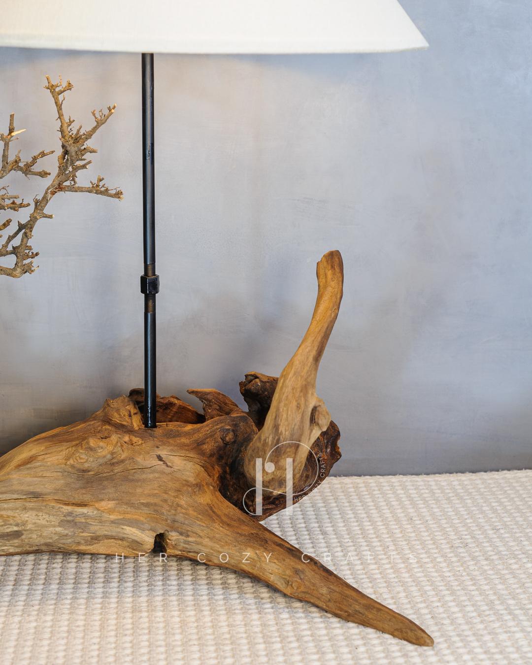 Twisted Knot Lamp - Organic driftwood base with cottage scene & wide jute shade