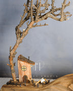 Twisted Knot Lamp - Organic driftwood base with cottage scene & wide jute shade