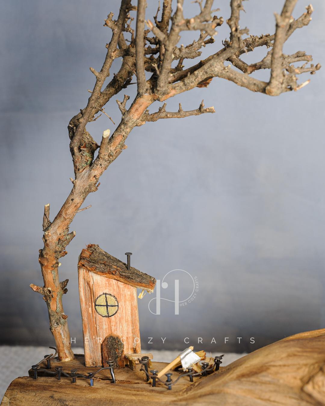 Twisted Knot Lamp - Organic driftwood base with cottage scene & wide jute shade