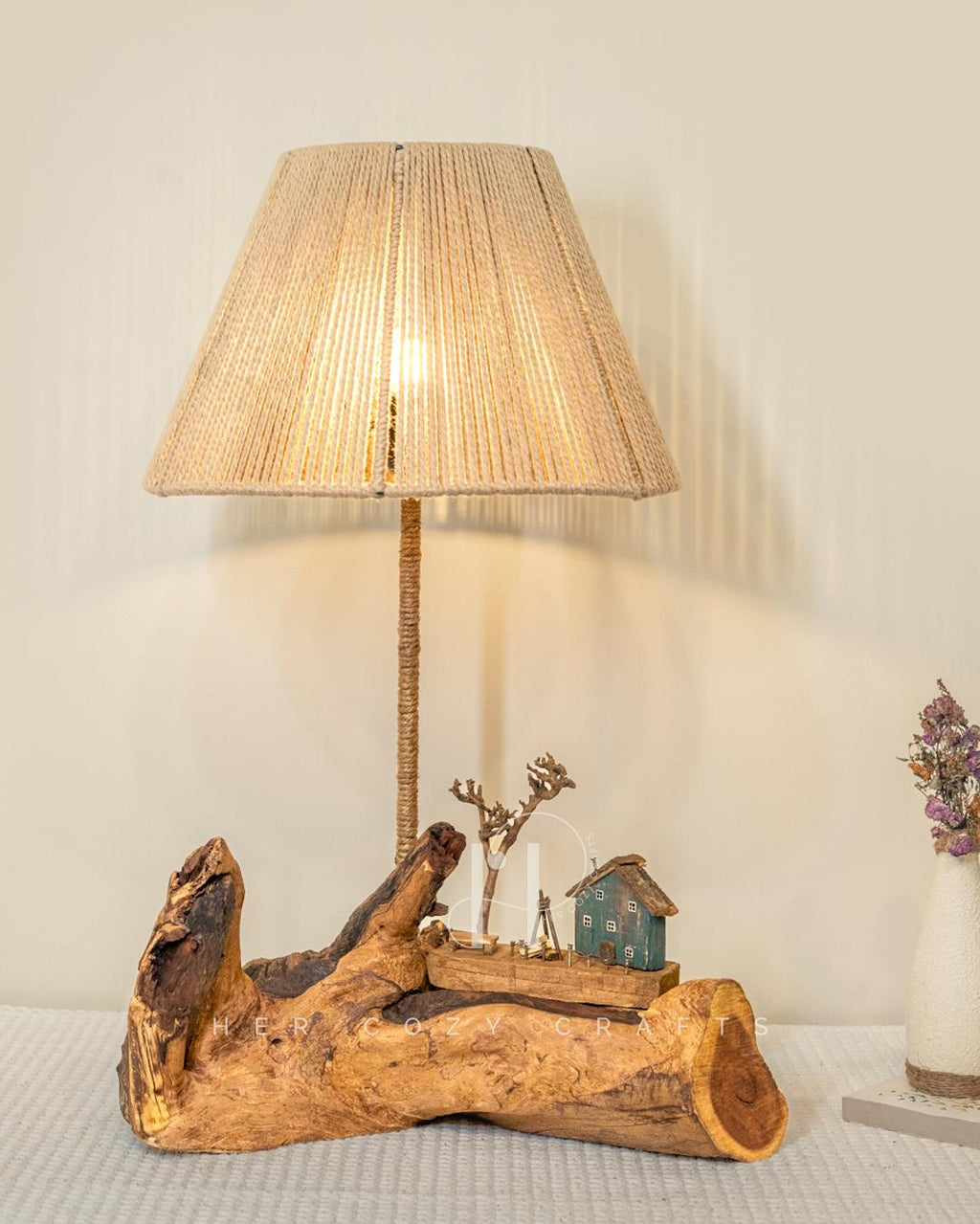 Harbor Green Lamp - Driftwood base with teal green cottage and handwoven jute shade
