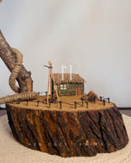 Crane Path Lamp - Handmade Driftwood lamp with long arm over tiny cottage yard