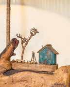 Harbor Green Lamp - Driftwood base with teal green cottage and handwoven jute shade