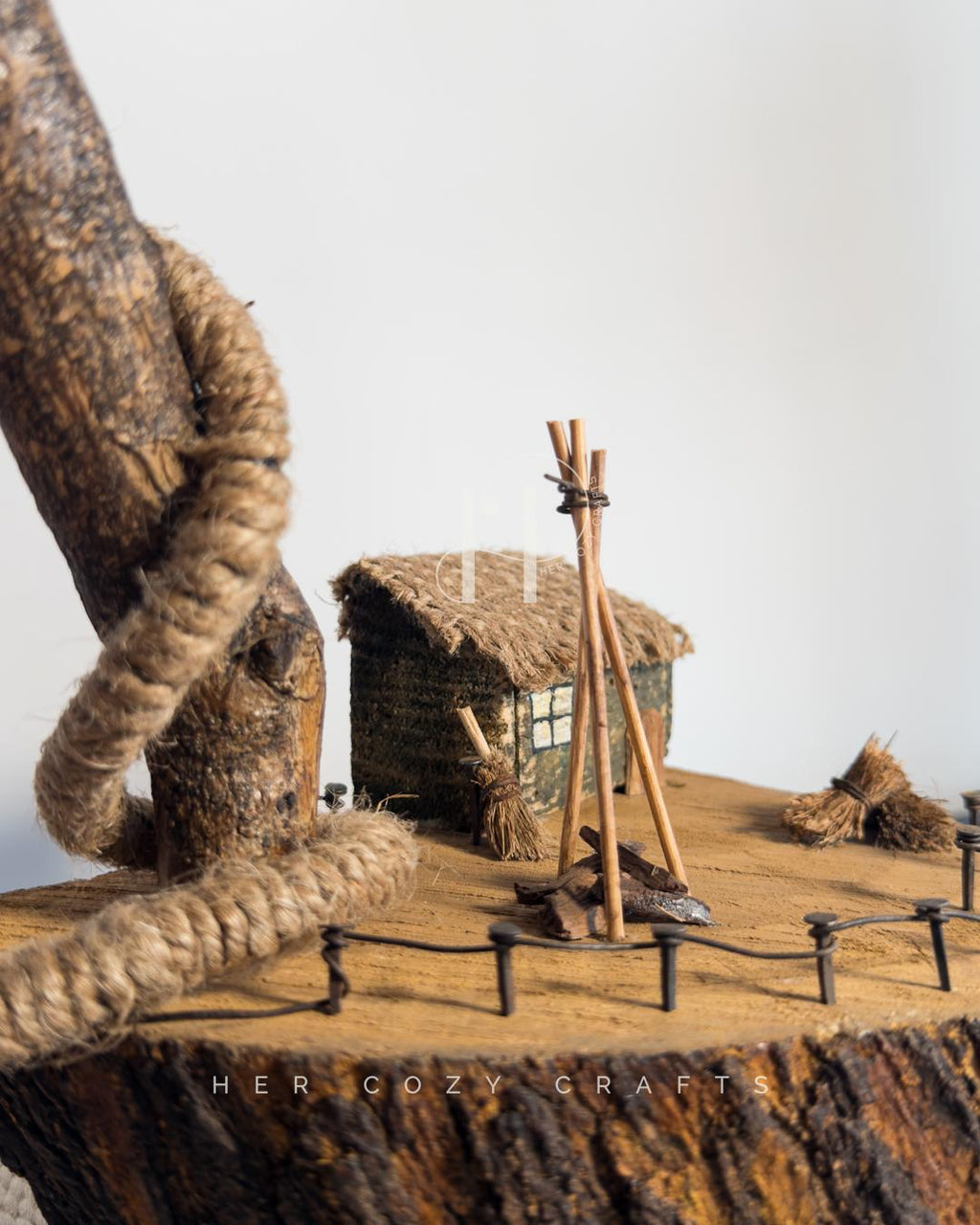 Crane Path Lamp - Handmade Driftwood lamp with long arm over tiny cottage yard