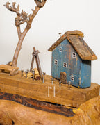 Harbor Green Lamp - Driftwood base with teal green cottage and handwoven jute shade