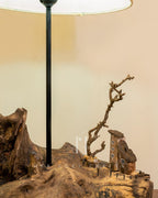 Darkwood Cove Lamp - Dark driftwood base with drum shade and village scene.