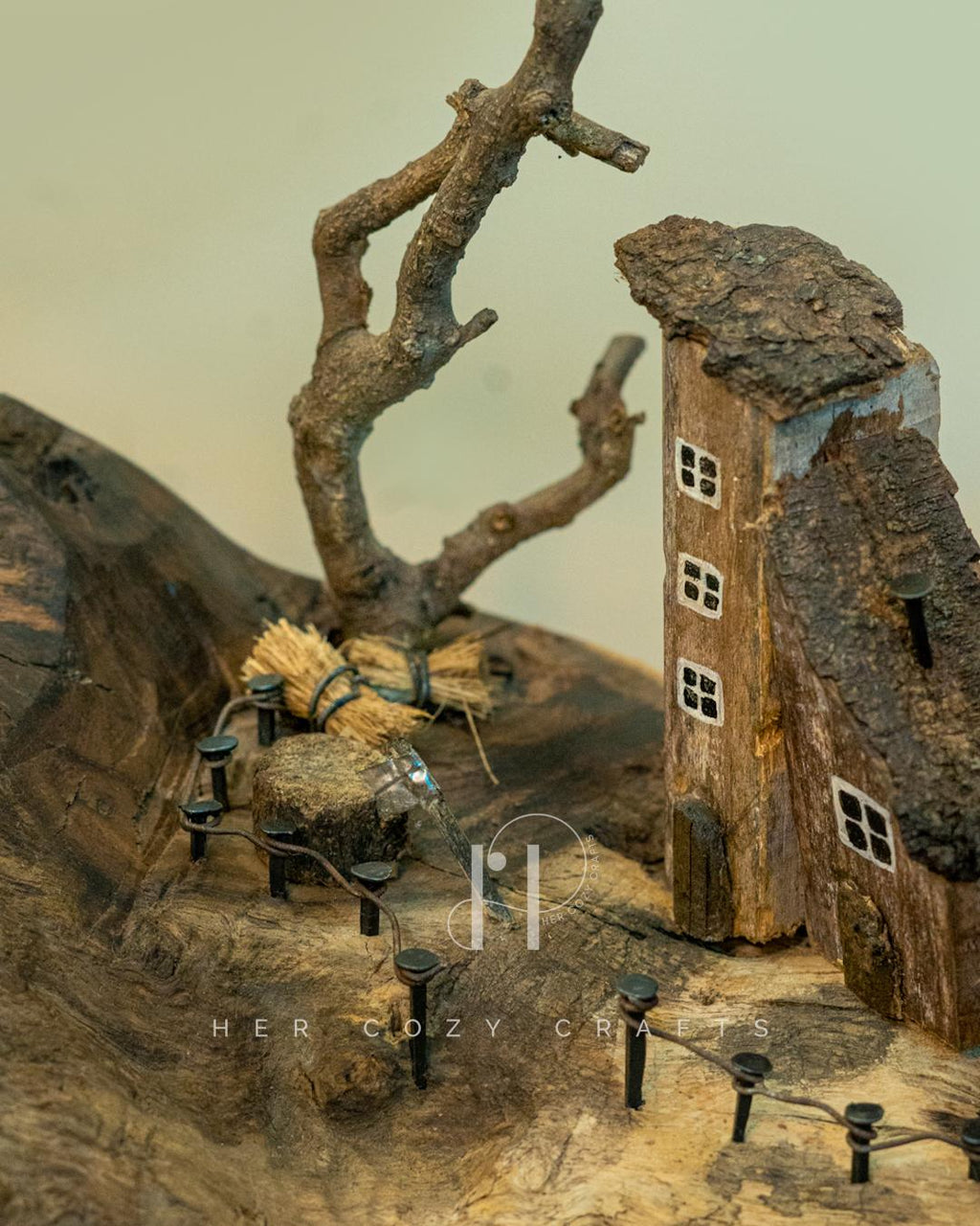 Darkwood Cove Lamp - Dark driftwood base with drum shade and village scene.