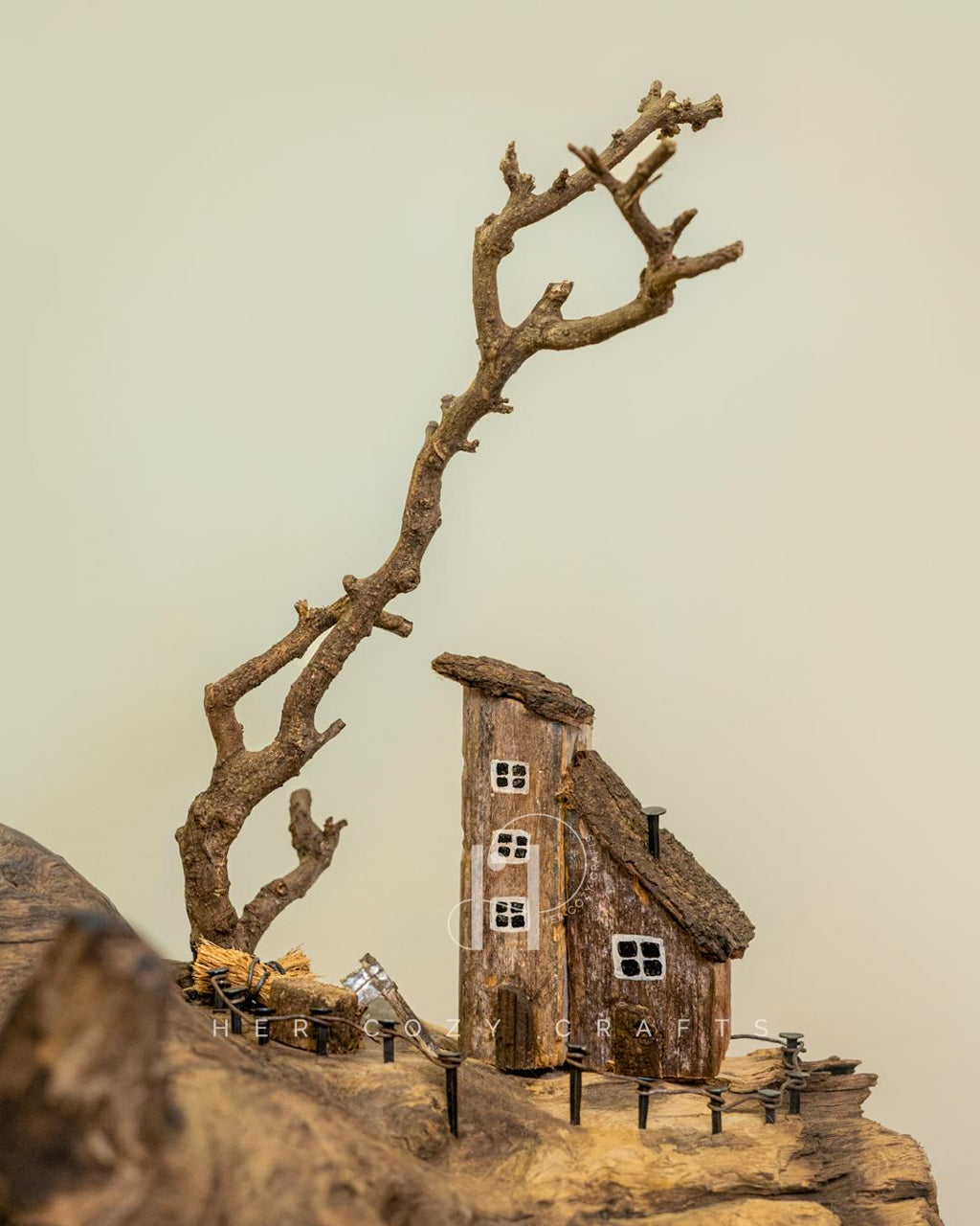 Darkwood Cove Lamp - Dark driftwood base with drum shade and village scene.