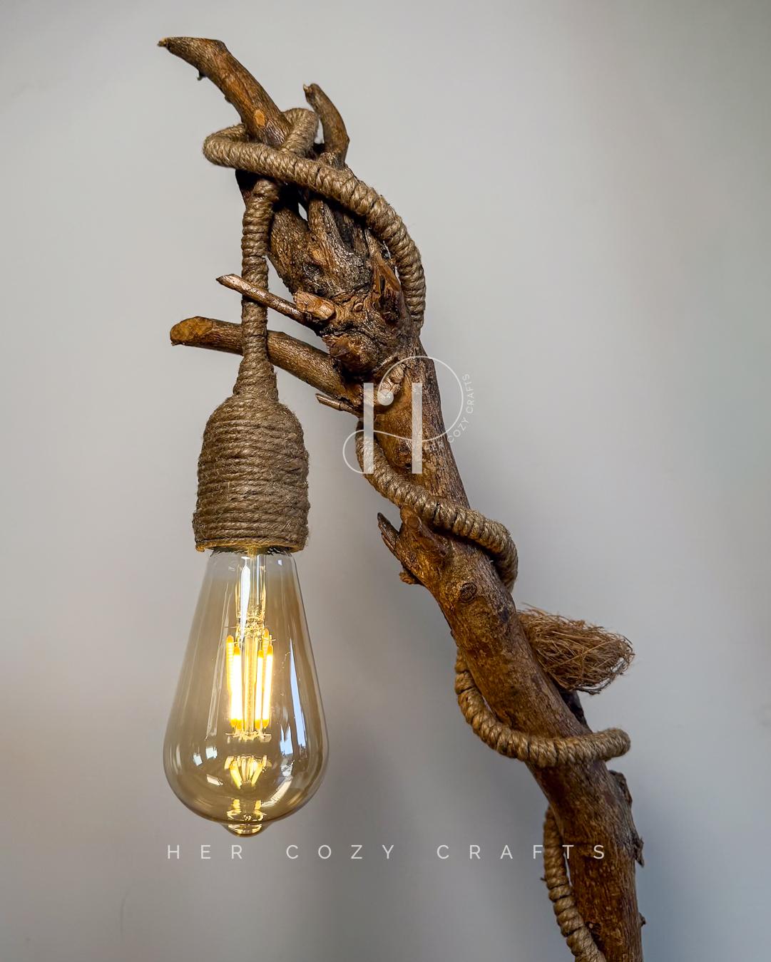 Lofted Curve Lamp - Curved branch with red cottage scene