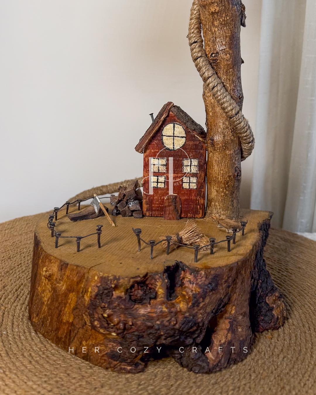 Lofted Curve Lamp - Curved branch with red cottage scene