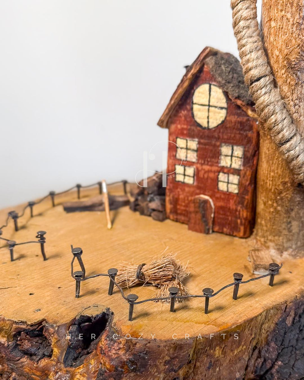 Lofted Curve Lamp - Curved branch with red cottage scene