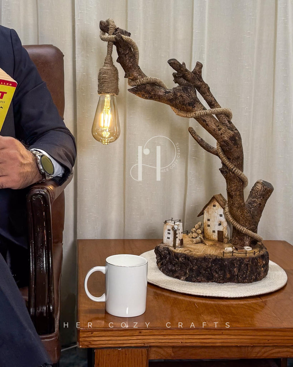Worklight Signature Lamp - Arched branch with hanging bulb and village base