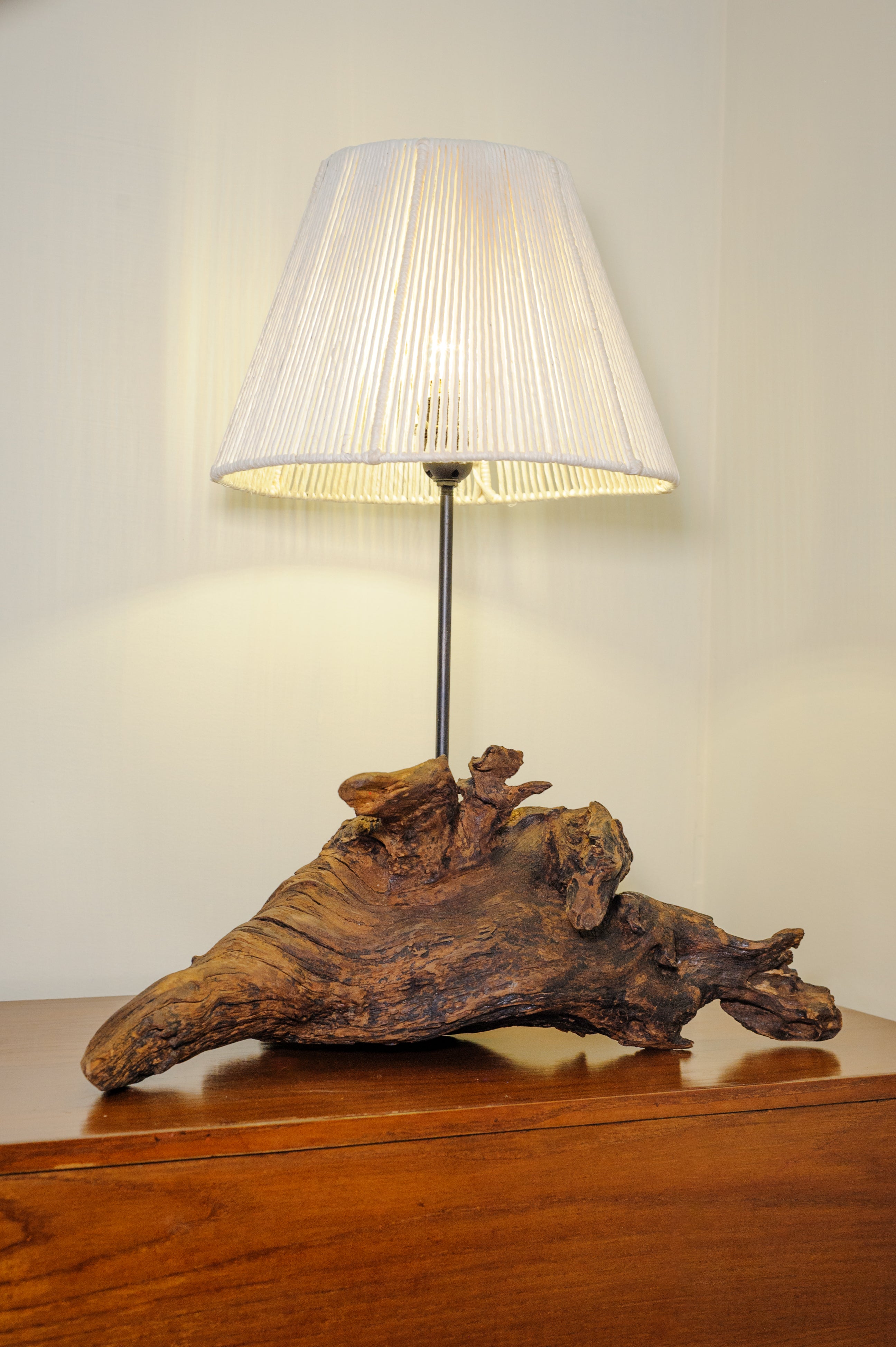Drift Crest Lamp - Sloping driftwood base with macrame cone shade