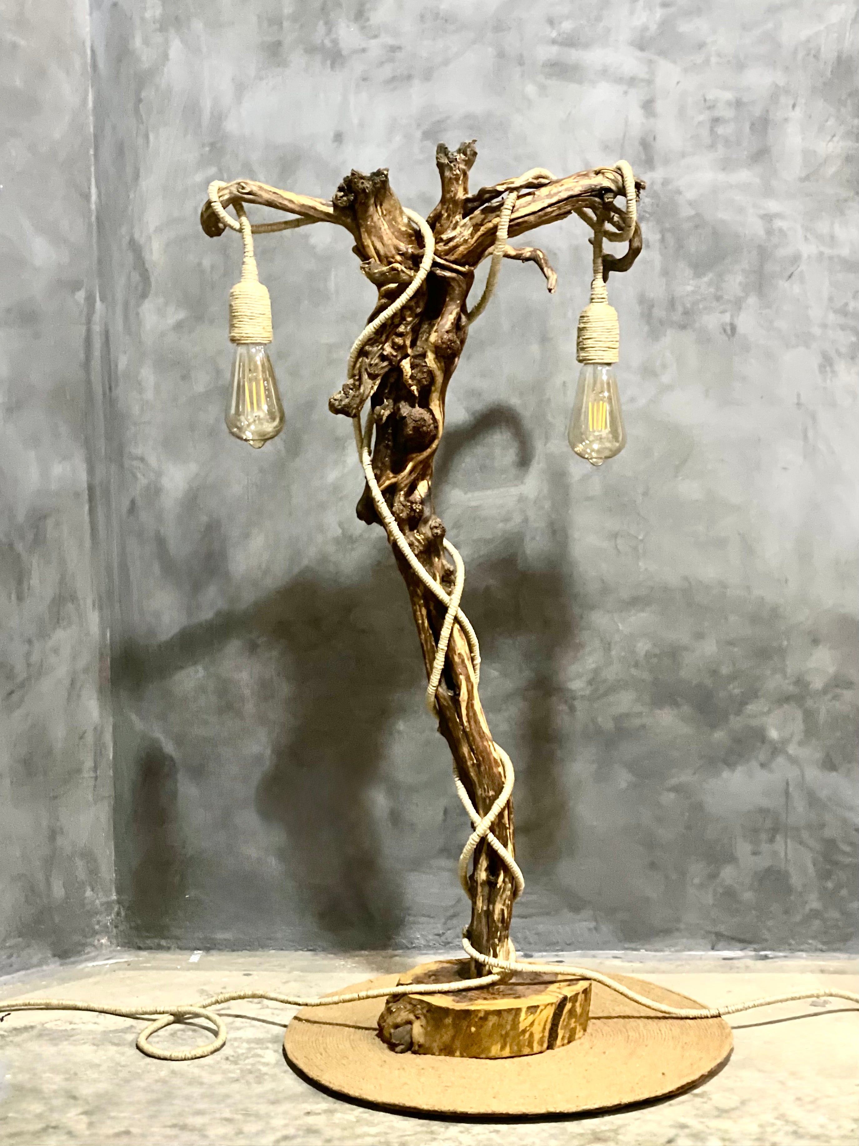 Curled roots lamp - made from vintage wood with two bulbs hanging