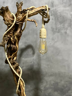 Curled roots lamp - made from vintage wood with two bulbs hanging