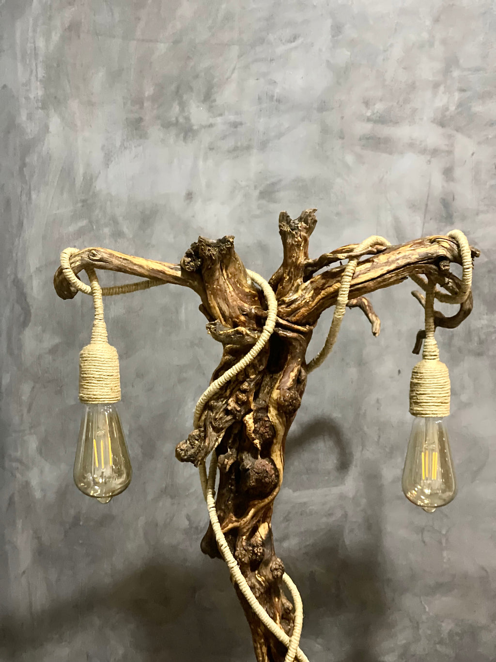 Curled roots lamp - made from vintage wood with two bulbs hanging