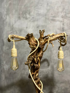 Curled roots lamp - made from vintage wood with two bulbs hanging