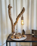 Safari Yard Lamp - Tall driftwood branch with hanging bulb and cafe scene