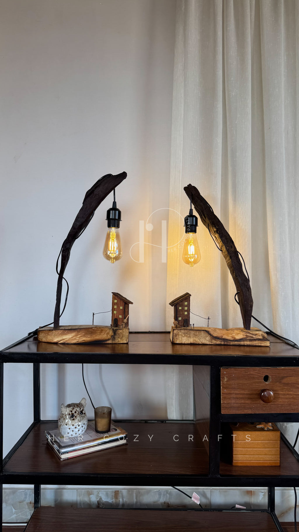 Storywood Duo - Curved Driftwood Lamps with Miniature Cottage Scenes & Hanging Edison Bulbs