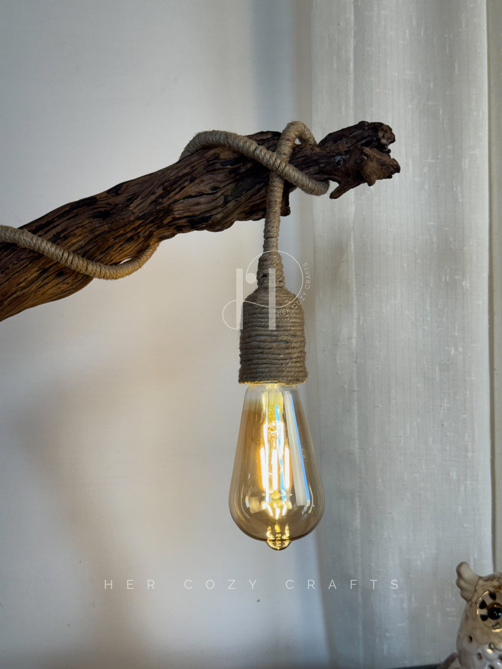 Woven Arc Lamp - Curved Driftwood Frame with Rope-Wrapped Hanging Bulb