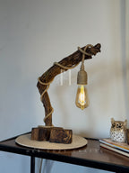 Woven Arc Lamp - Curved Driftwood Frame with Rope-Wrapped Hanging Bulb