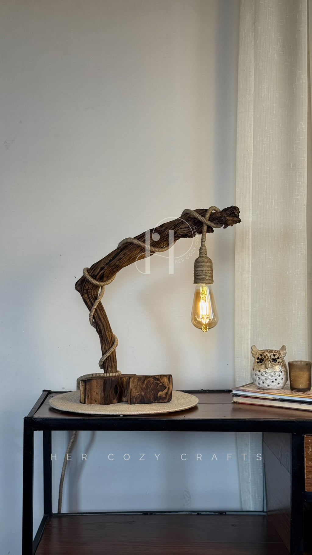 Woven Arc Lamp - Curved Driftwood Frame with Rope-Wrapped Hanging Bulb