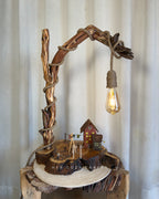 Farmstead Loop Lamp - Curved branch with drop bulb and tiny yard scene