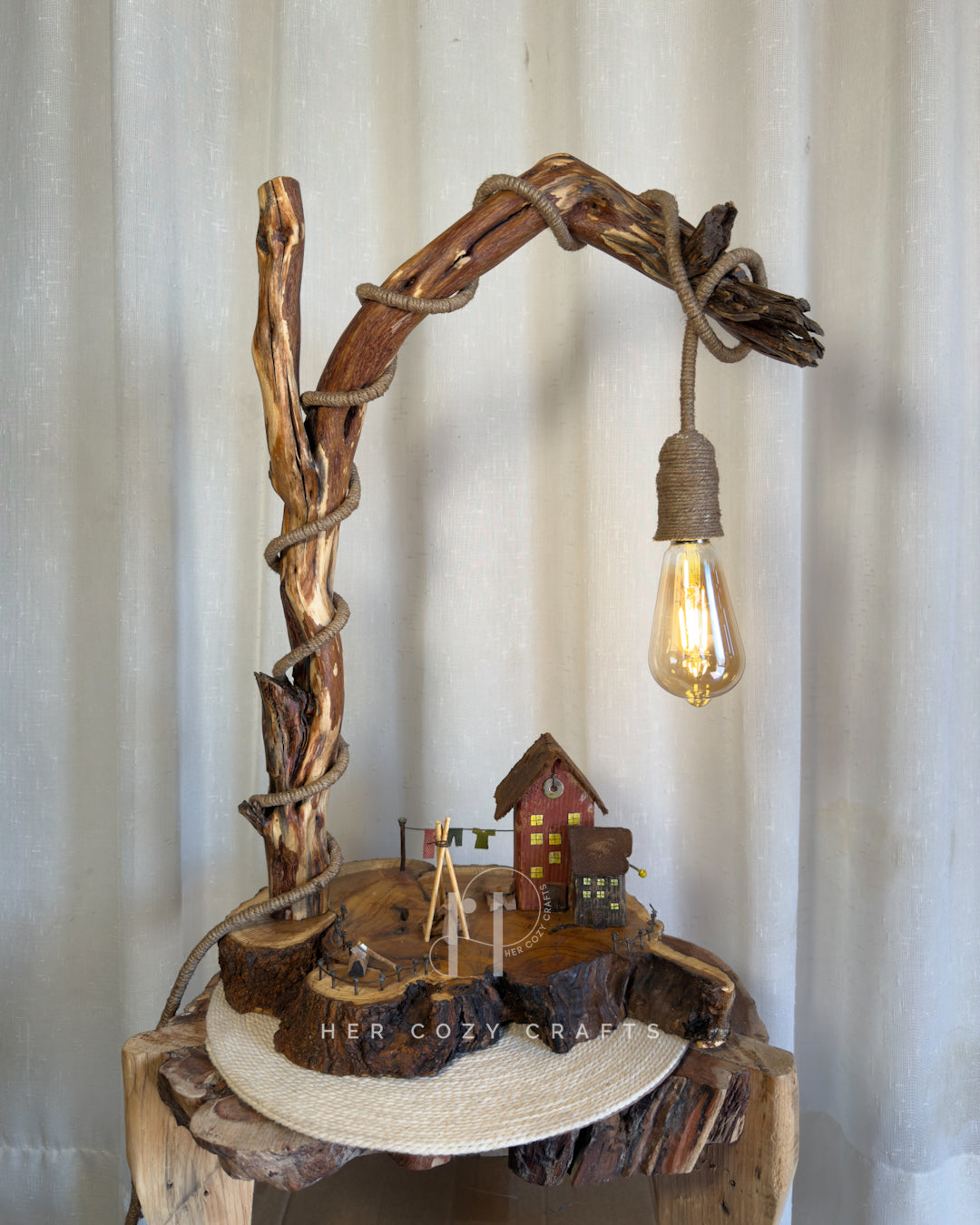 Farmstead Loop Lamp - Curved branch with drop bulb and tiny yard scene
