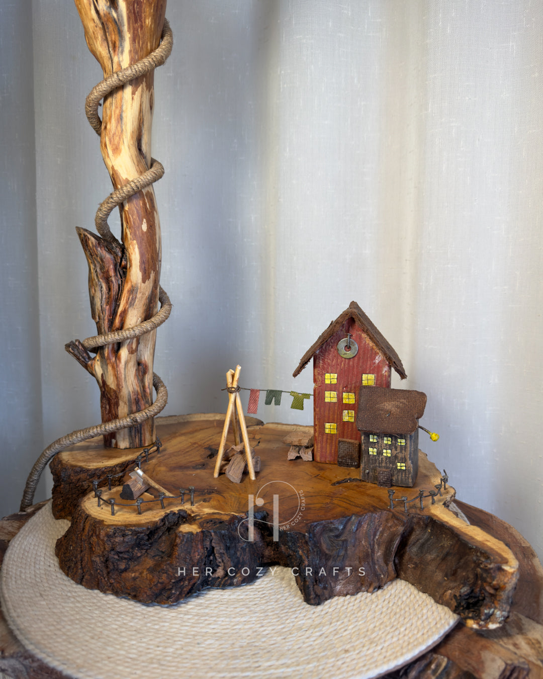 Farmstead Loop Lamp - Curved branch with drop bulb and tiny yard scene