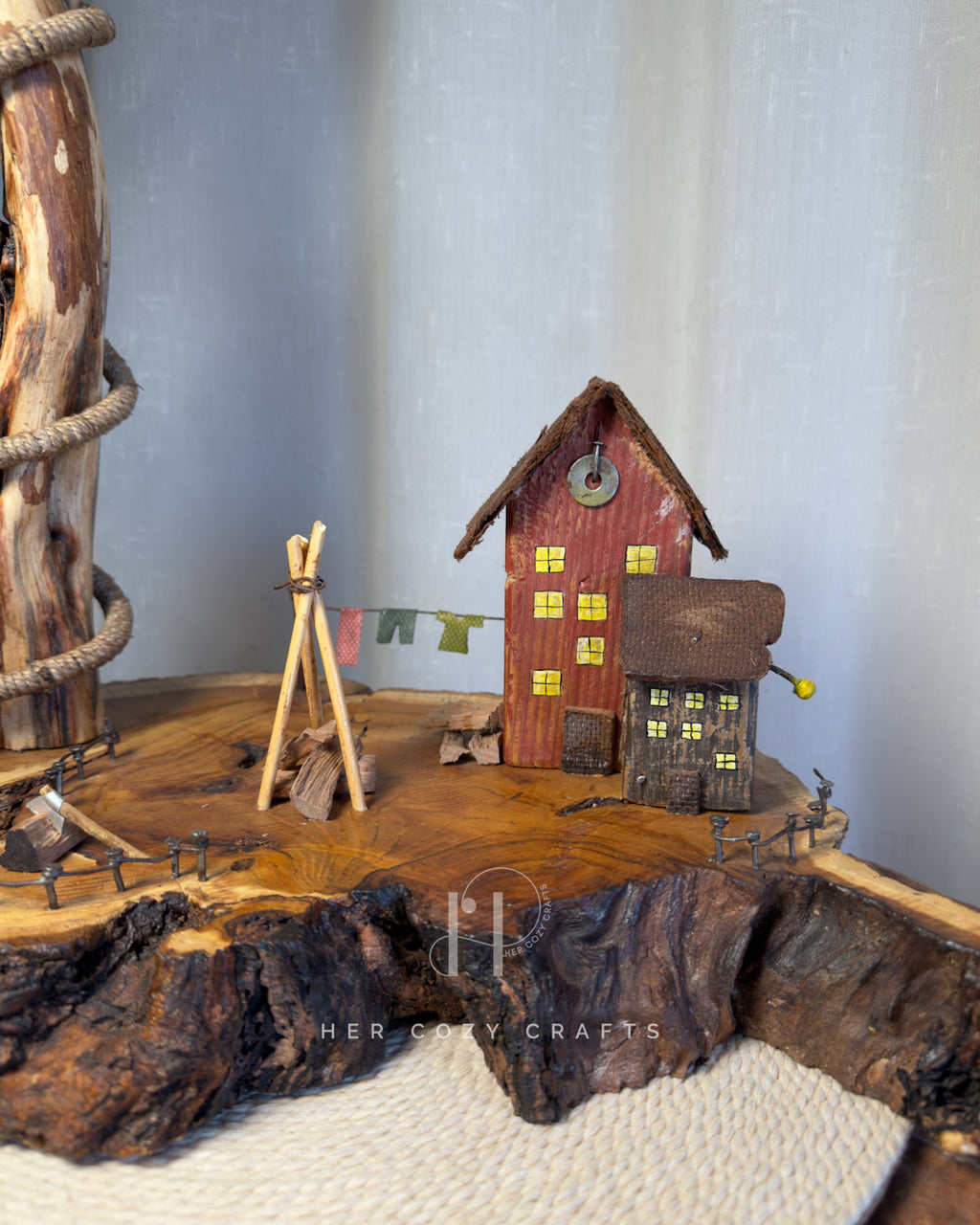 Farmstead Loop Lamp - Curved branch with drop bulb and tiny yard scene