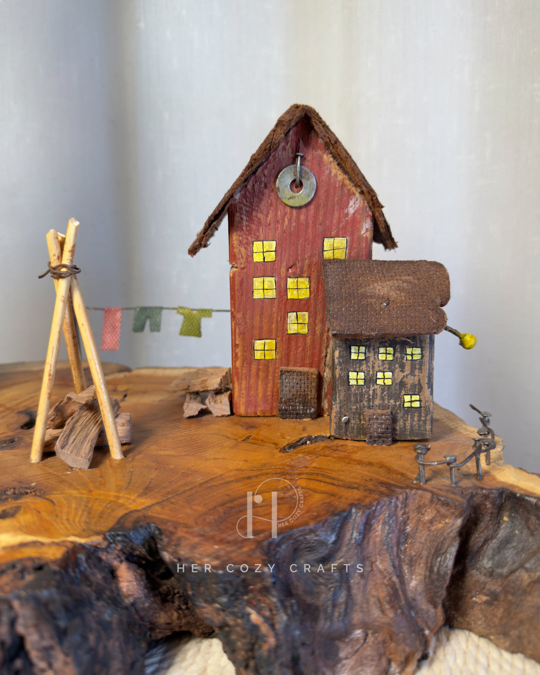 Farmstead Loop Lamp - Curved branch with drop bulb and tiny yard scene