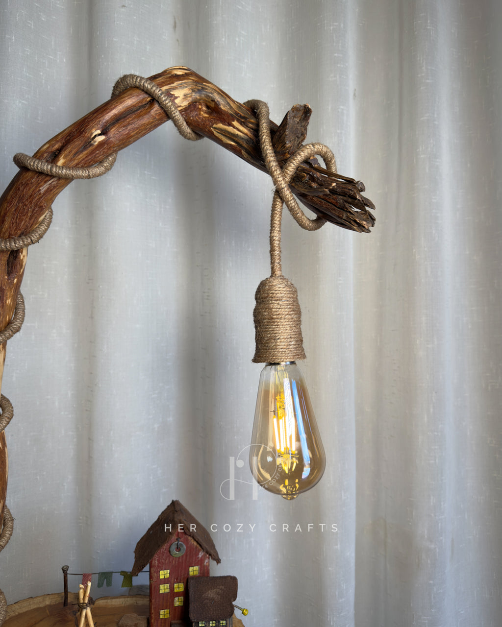 Farmstead Loop Lamp - Curved branch with drop bulb and tiny yard scene