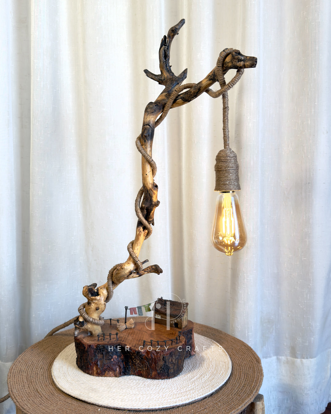 Willow Yard Lamp - Curved wood stem with jute drop bulb and mini homestead