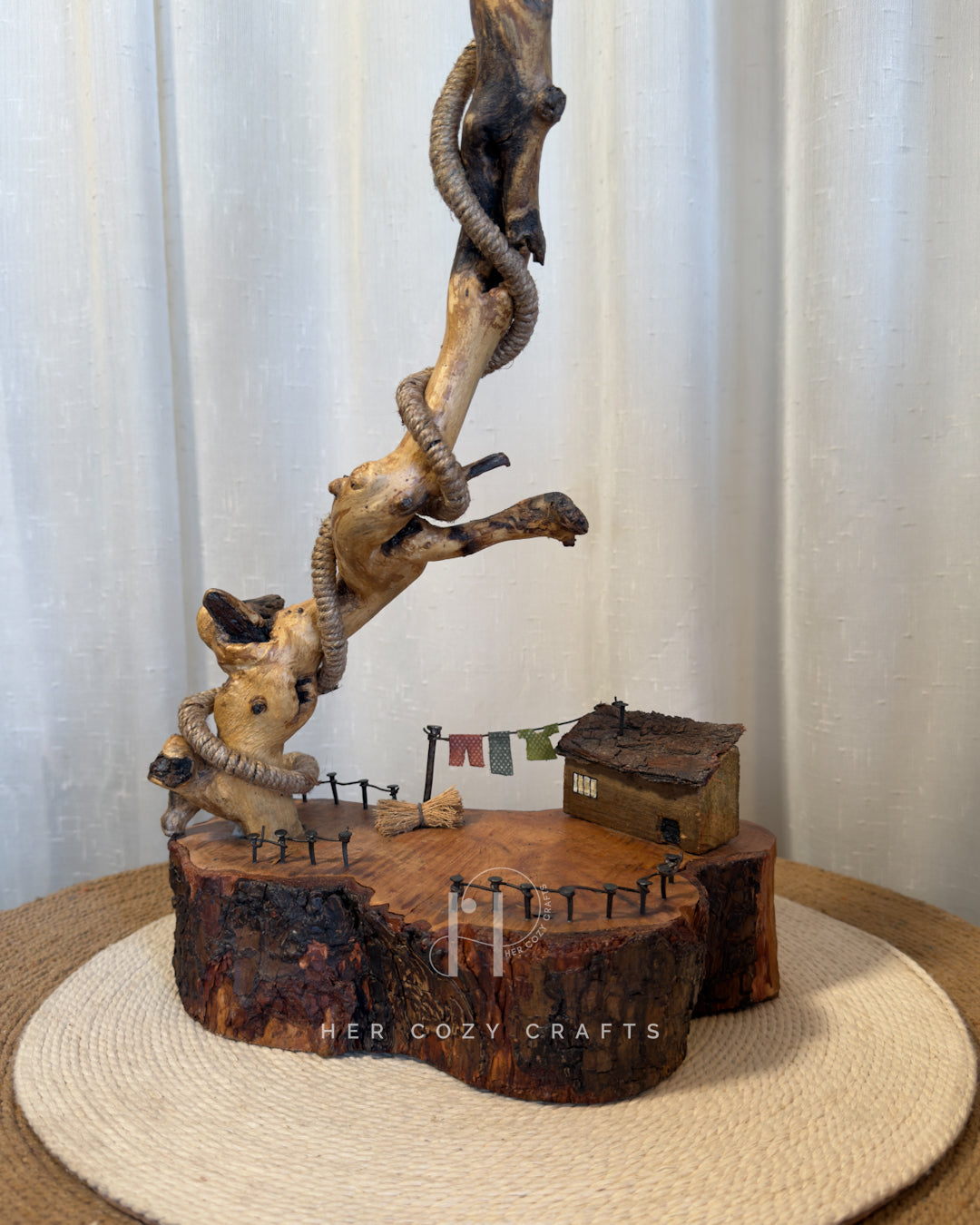 Willow Yard Lamp - Curved wood stem with jute drop bulb and mini homestead