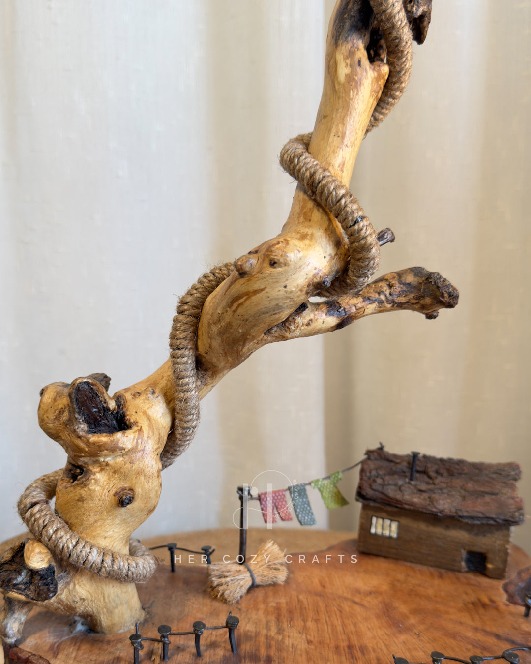 Willow Yard Lamp - Curved wood stem with jute drop bulb and mini homestead
