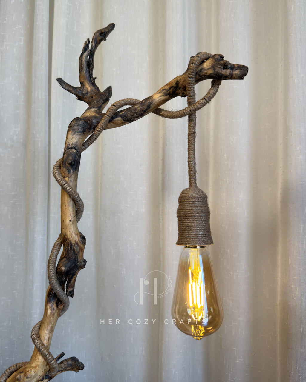 Willow Yard Lamp - Curved wood stem with jute drop bulb and mini homestead